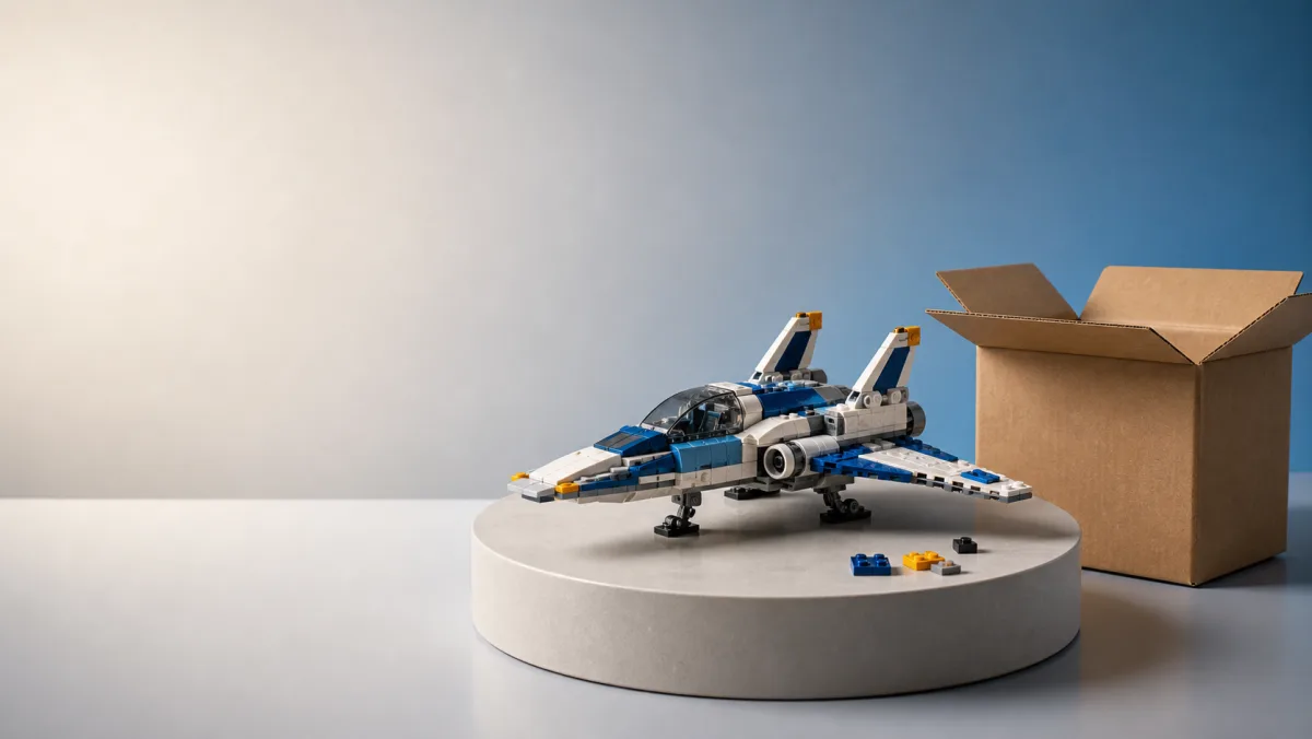 Real LEGO product images on a photorealistic parcel and checkout table for Amazon.nl LEGO prices