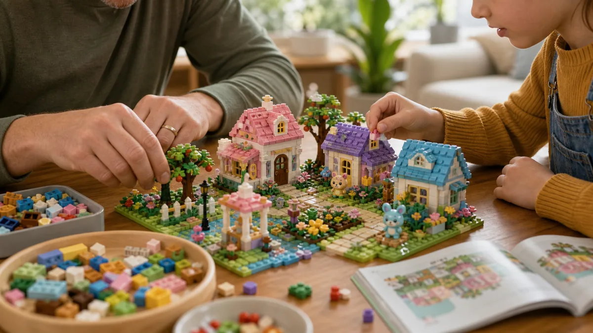 Gemütliche Inselszene aus Ziegelsteinen mit Häuschen, Flussbrücke, Obstbäumen, Strandcamp, Garten und Tierfiguren