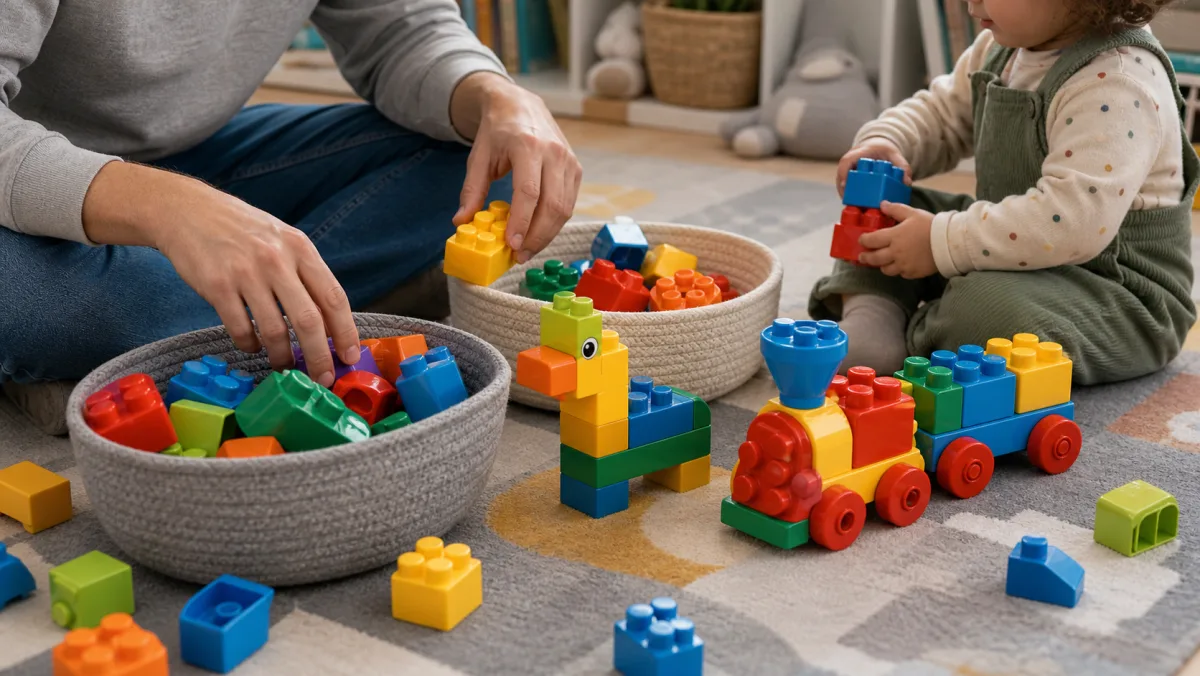 Helle LEGO DUPLO Spielzimmerszene mit Zug, Häusern, Tieren und großen Blöcken auf einer Spielmatte
