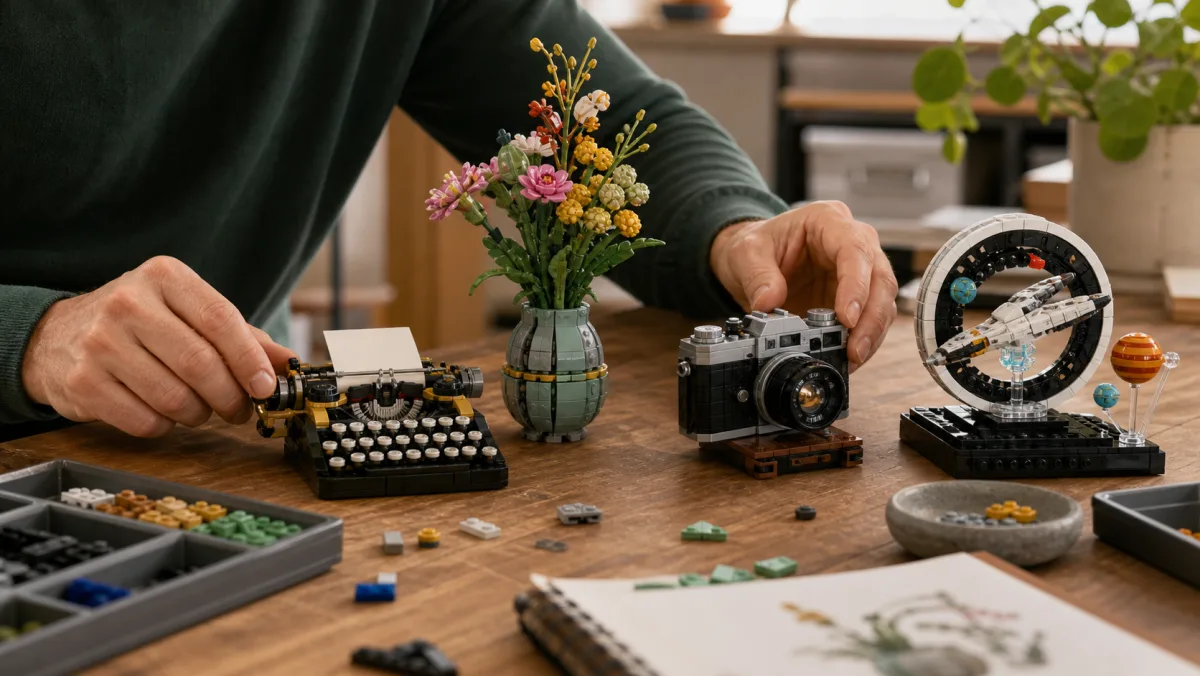 Kreatives Sammlerregal mit gemauertem Baumhaus, Teleskop, Schreibmaschine, Retro-Objekt und Konzeptmodellen