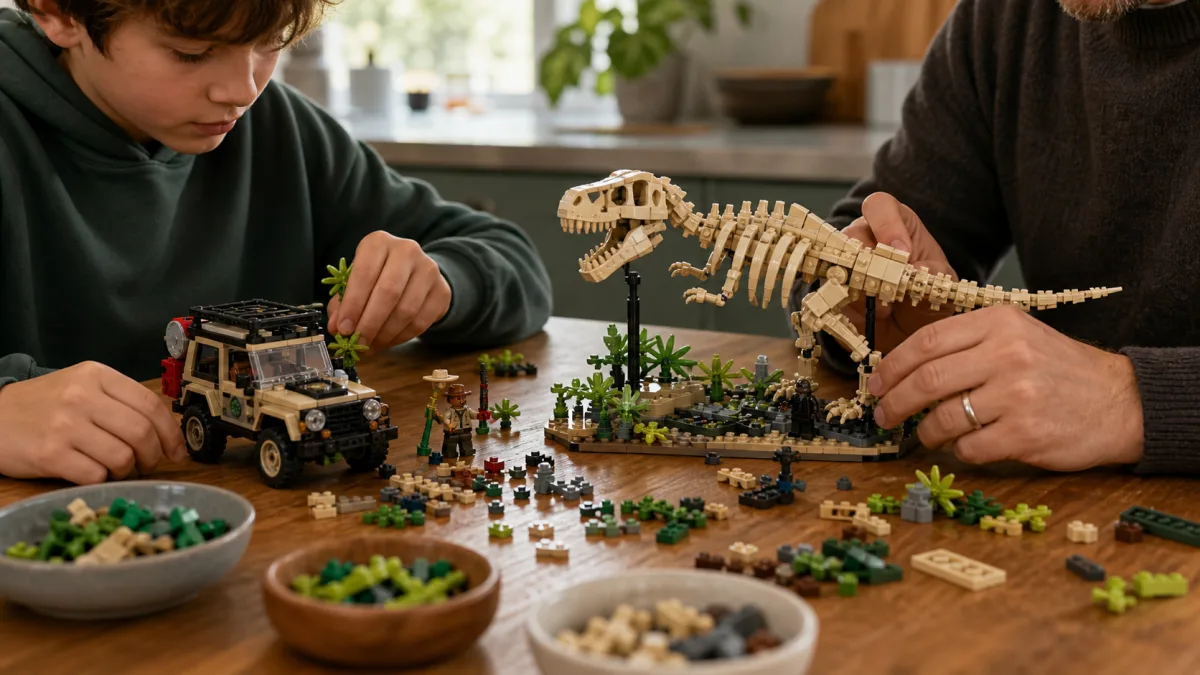 Aus Ziegeln gebaute Jurassic World-Dschungelszene mit Dinosaurier, Tor, Geländewagen und Fossilienbereich in einer Miniaturwelt