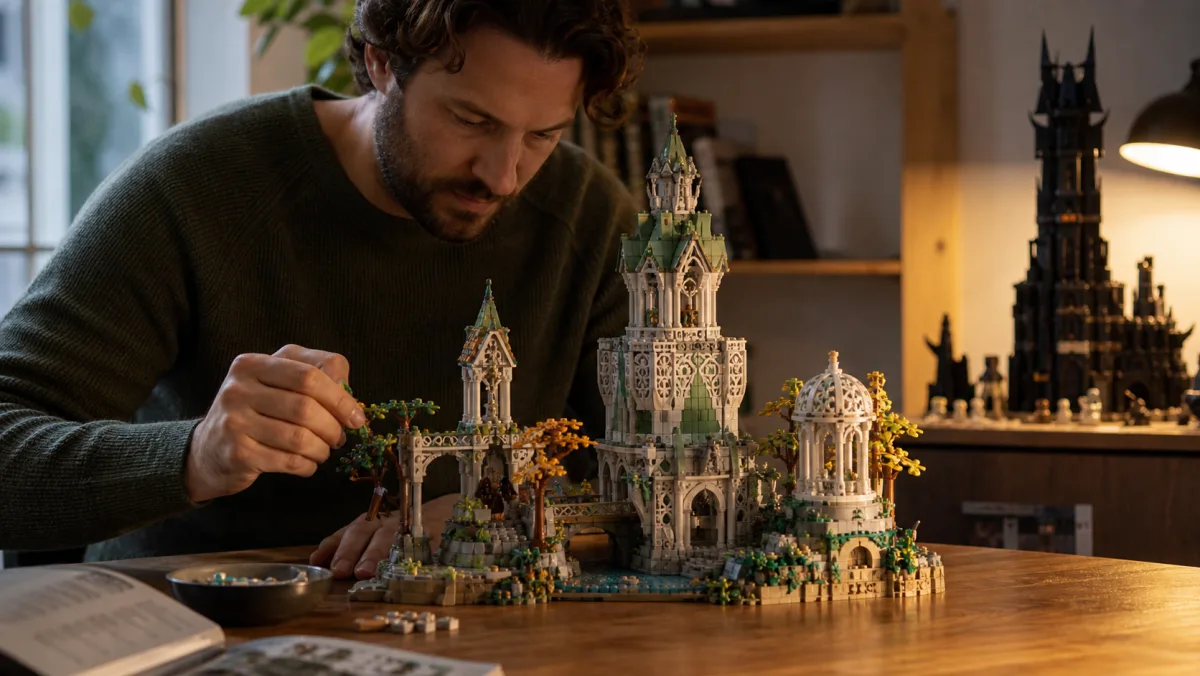 Fantasy-Szene aus Ziegelsteinen mit hellem Tal, dunklem Vulkanturm, Haus am Hang, Fluss und Bogenbrücken