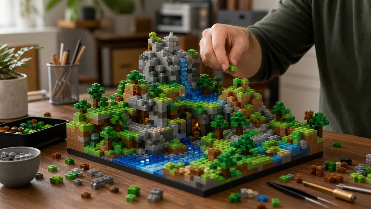 Aus Ziegeln gebautes Minecraft-Biom mit Minenbasis, Bauernhof, Bäumen, Wasser, Schiene und Blockfiguren