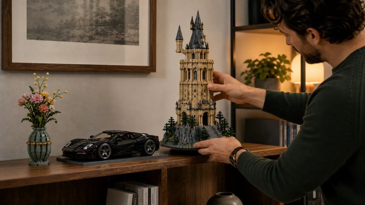 Ausstellungsregal mit Modellen für Erwachsene: Skyline, Blumenstrauß, Mosaiktafel, Rennwagen und Weltraumdisplay