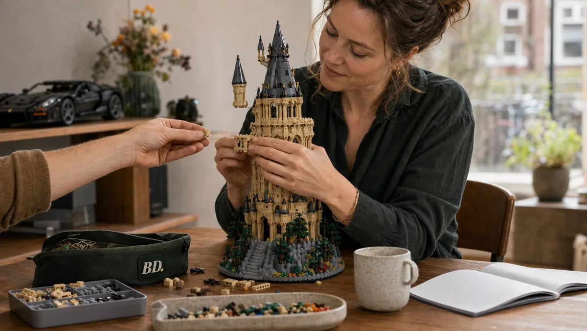 Adult builder works on a detailed brick-built tower while someone offers the next piece