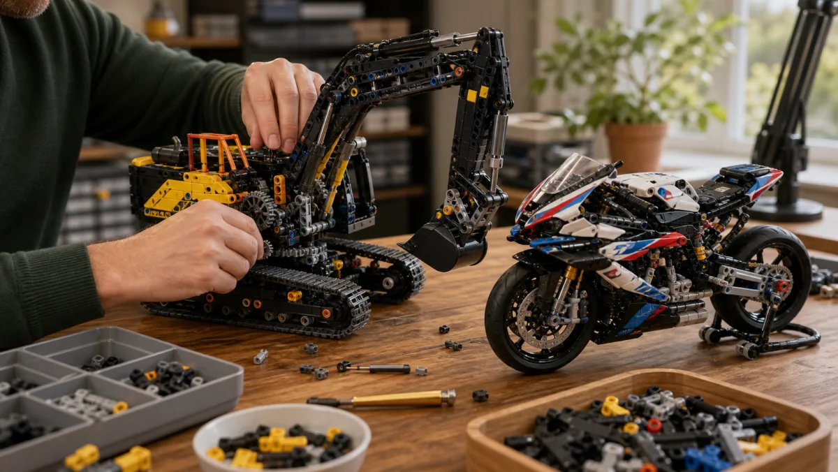 Modernes Ingenieurstudio mit gelbem Bagger, technischem Fahrgestell, Kranmodell, Zahnrädern und mechanischen Teilen