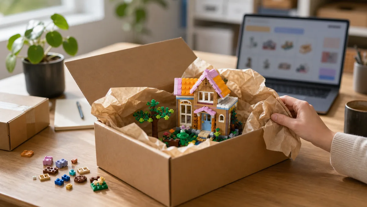 Real LEGO product images on a photorealistic parcel and checkout table for bol.com LEGO prices