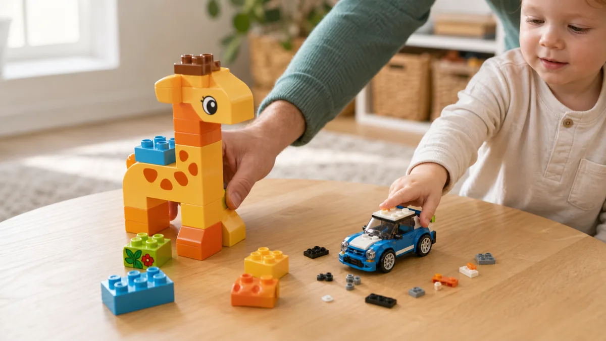 Large Duplo brick next to a small LEGO System brick on a white table: the size difference at a glance
