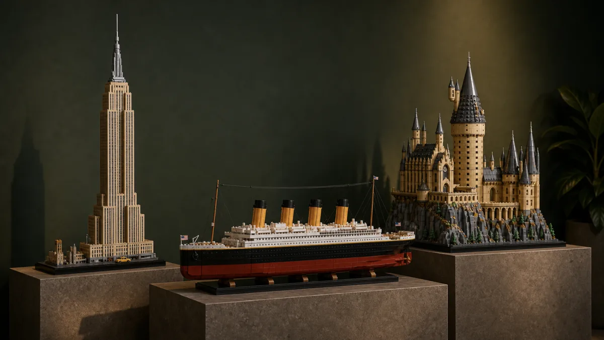 Monumental LEGO display with space sphere, ocean liner, tall tower, castle section, sorting trays and metallic stock bars