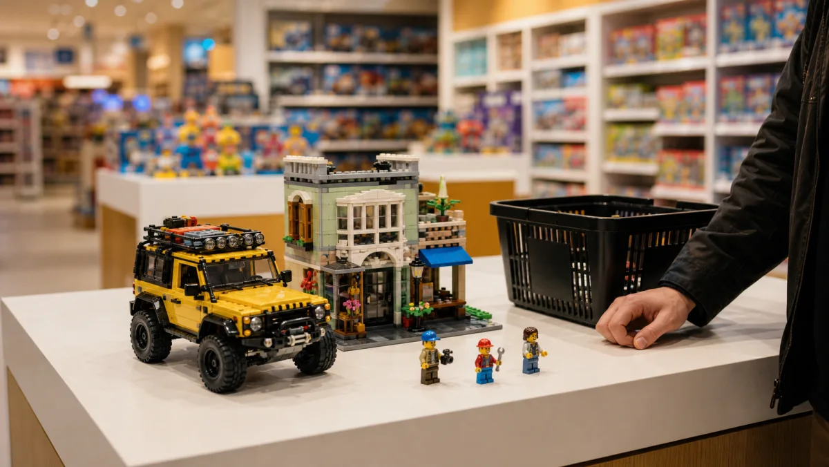 Real LEGO product images on a photorealistic parcel and checkout table for Intertoys LEGO prices