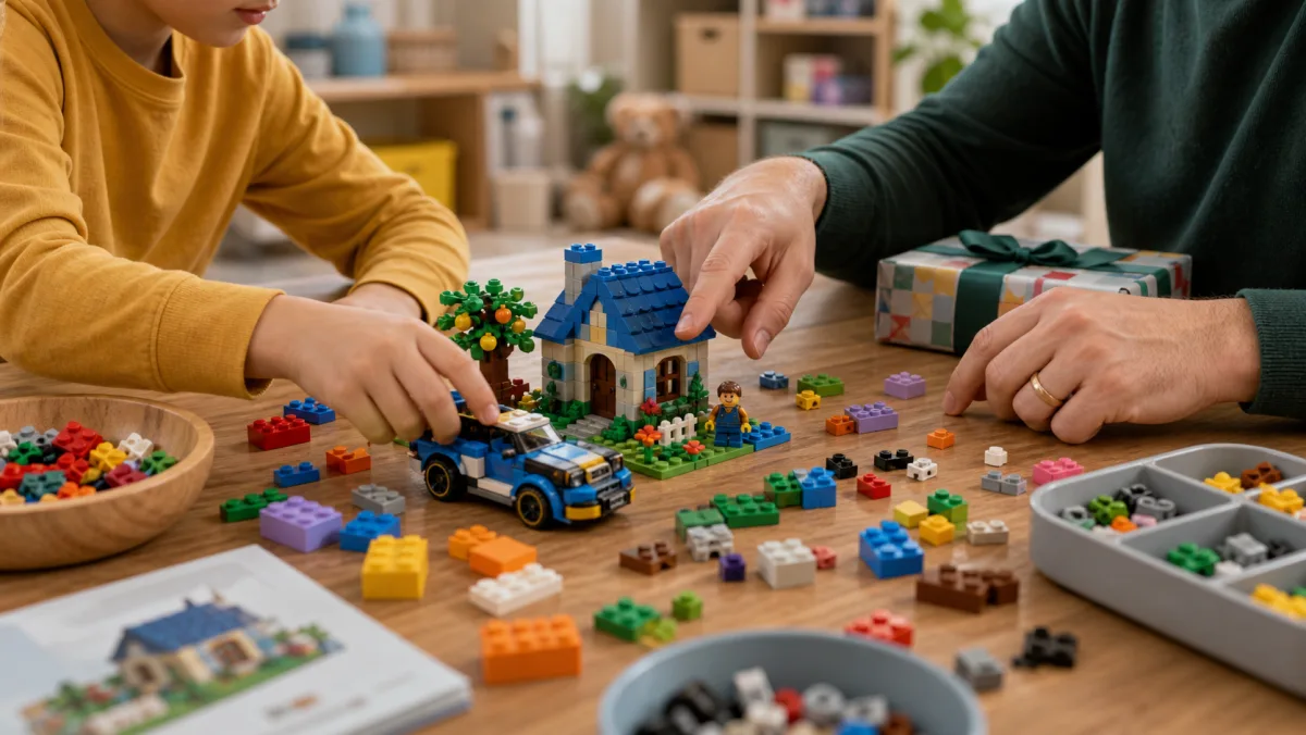 Bunte LEGO-Sets für 6-Jährige auf einer tiefgrünen Tischplatte mit Fahrzeugen, Tieren, Sortiertabletts und Brühstangen