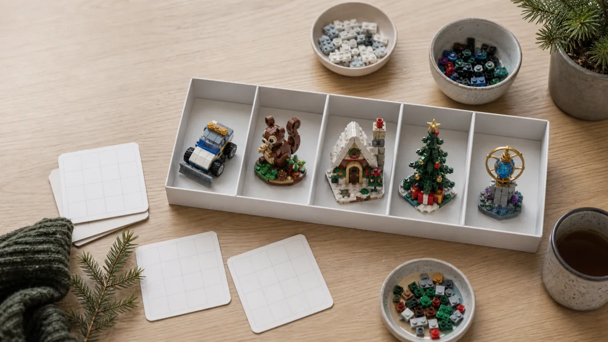 Gebaute LEGO-Adventsszene mit Mikromodellen, Winterzug, Baum, Sortiertabletts und farbigen Vorratsriegeln auf einem grünen BricksDeal-Schreibtisch