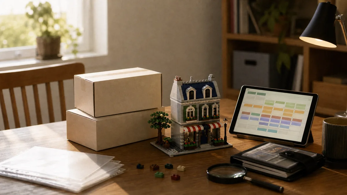 Sealed LEGO boxes stacked next to a price development graph — symbolising LEGO as a collectible investment