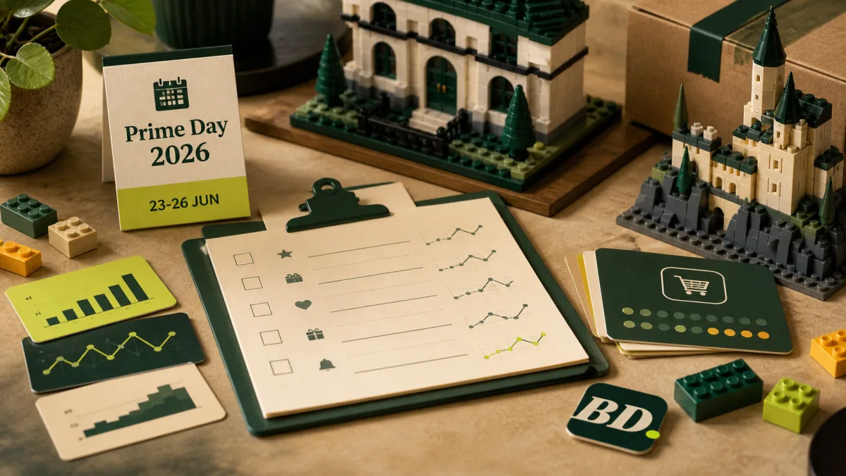 Prime Day 2026 LEGO watchlist op een BricksDeal tafel met generieke brick-built modellen, prijsgrafieken en BD tegel