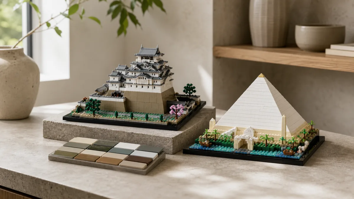 Real LEGO Architecture product images on a photorealistic collector shelf for the last-chance guide