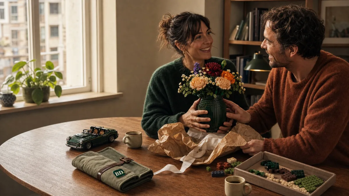 Two adults share a brick-built flower bouquet at a table with wrapping paper and loose bricks