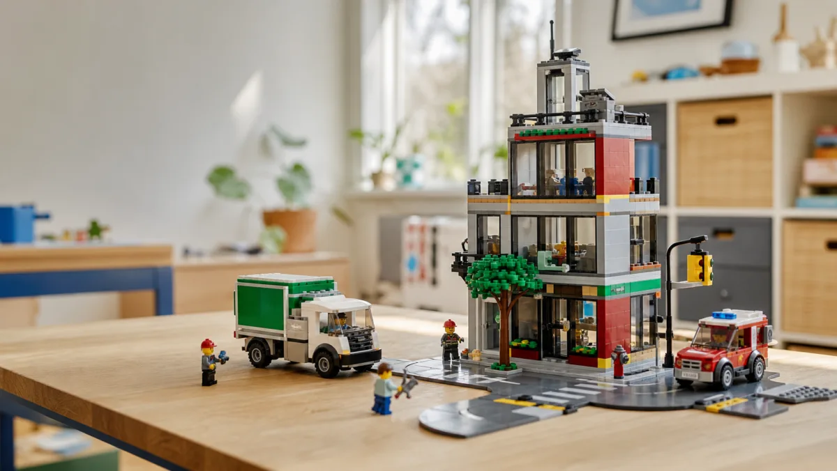Real LEGO City product images on a photorealistic play table for retirement advice