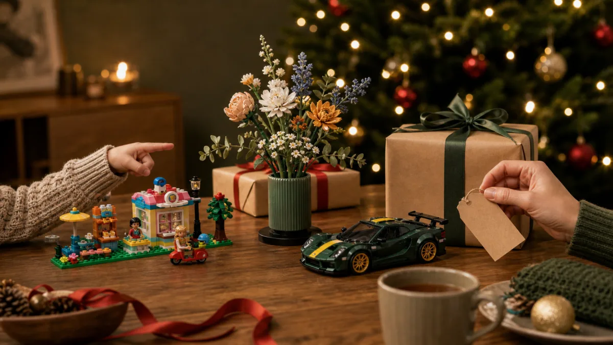 Gebaute LEGO-Geschenkauswahl mit Winterzug, Schneehütte, Blumen, Drache, Sortiertabletts und Vorratsstangen auf einem grünen Schreibtisch
