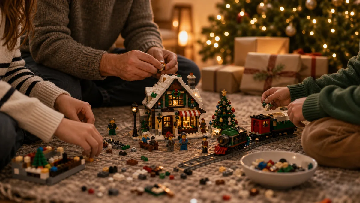 Gebautes LEGO Weihnachtsdorf mit Winterzug, Baum, Hütte, Sortiertabletts und farbigen Vorratsstangen auf einem grünen Schreibtisch