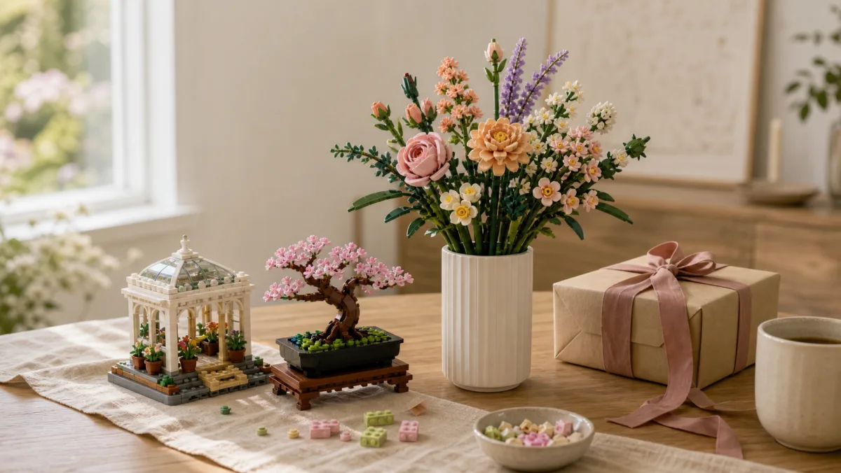 Gebaute LEGO-Blumen, Bonsai, ein Pastellhaus, Sortiertabletts und farbige Vorratsstangen auf einem grünen BricksDeal-Schreibtisch