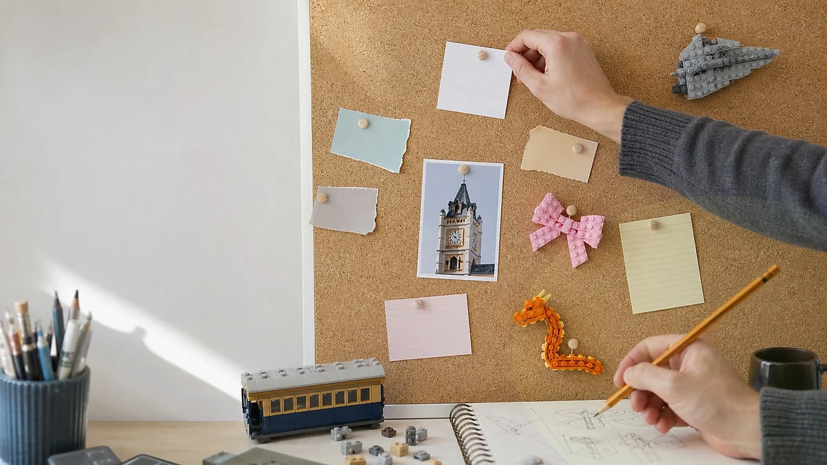 Prikbord met blanco notities, schetsen en kleine LEGO-achtige prototypes als vooruitblik op nieuwe sets in 2027