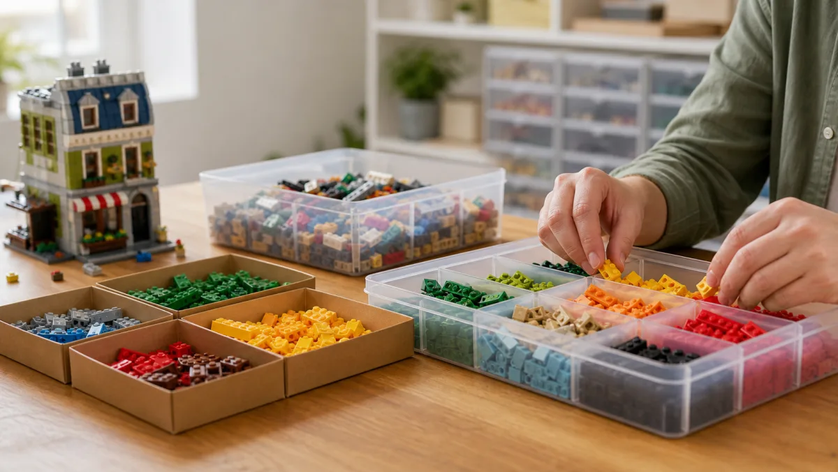 Real LEGO product images on a photorealistic play table with storage in the background