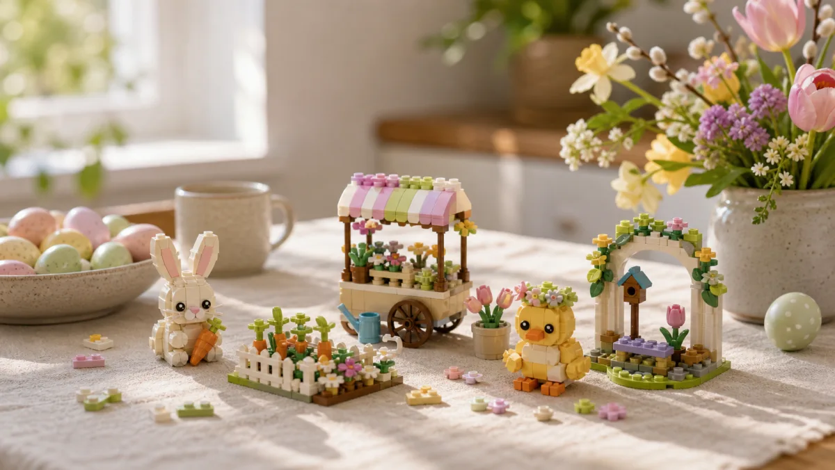 Gebautes LEGO-Osterdisplay mit pastellfarbenem Hasen, Eiern, Blumengarten, Sortiertabletts und Brühstangen auf einem grünen Schreibtisch