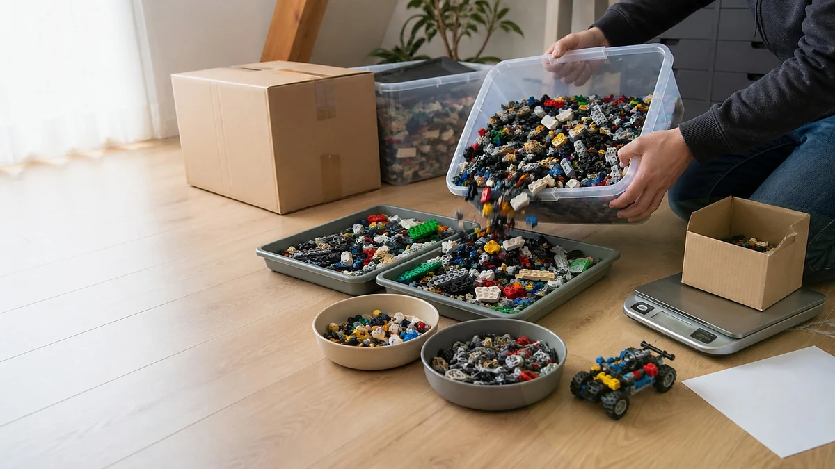 Zoldervloer met bakken losse LEGO stenen, verhuisdozen, een weegschaal en gesorteerde onderdelen