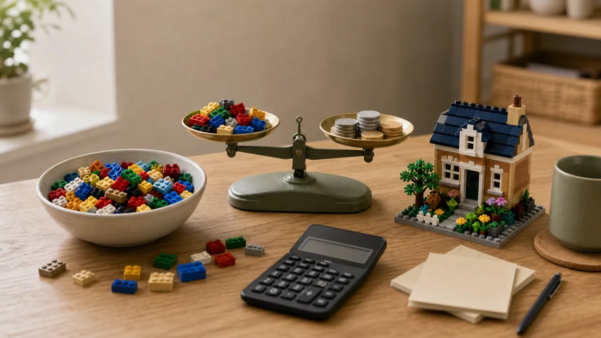 Scales with LEGO bricks on one side and euro coins on the other, on a wooden table