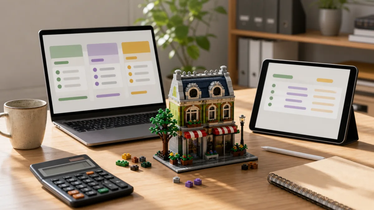 Real LEGO product images on a photorealistic decision desk for the LEGO price guide