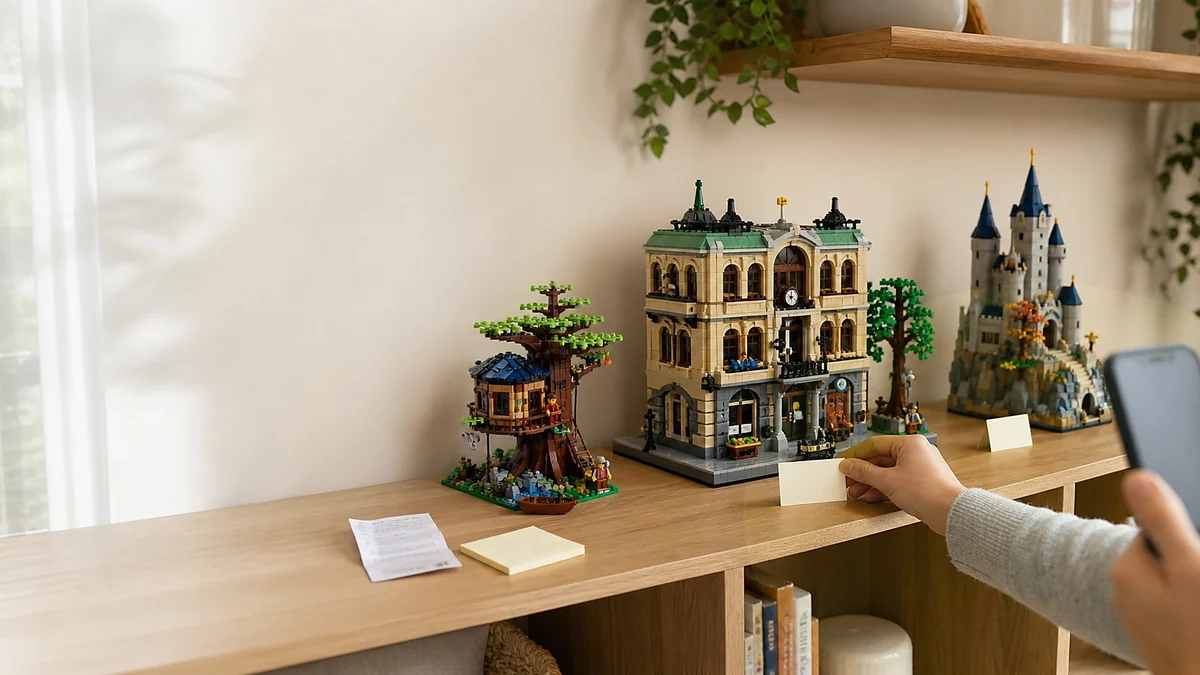 Lichte displayplank met LEGO-achtige bouwsets, een telefoon en blanco prijskaartjes bij de prijsverhoging