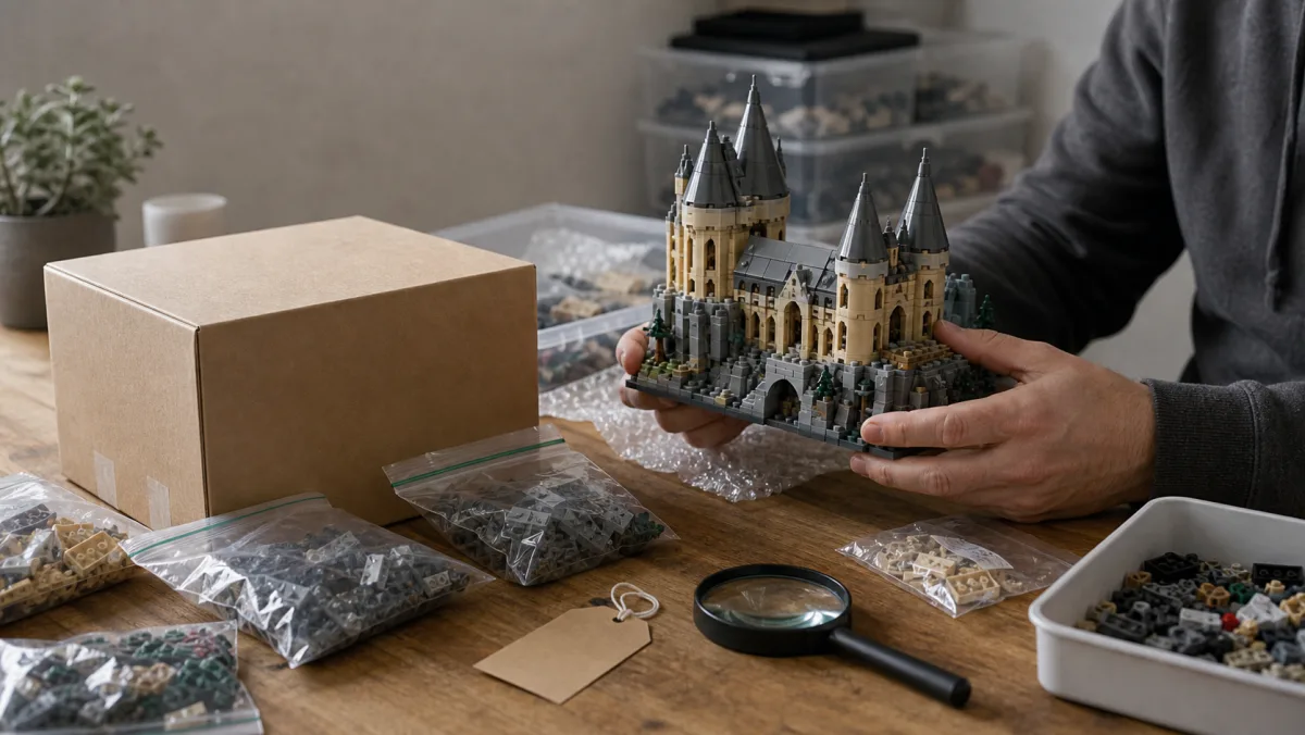 Collector desk with sealed LEGO-like storage boxes, display models, sorting trays, magnifying glass and stock bars