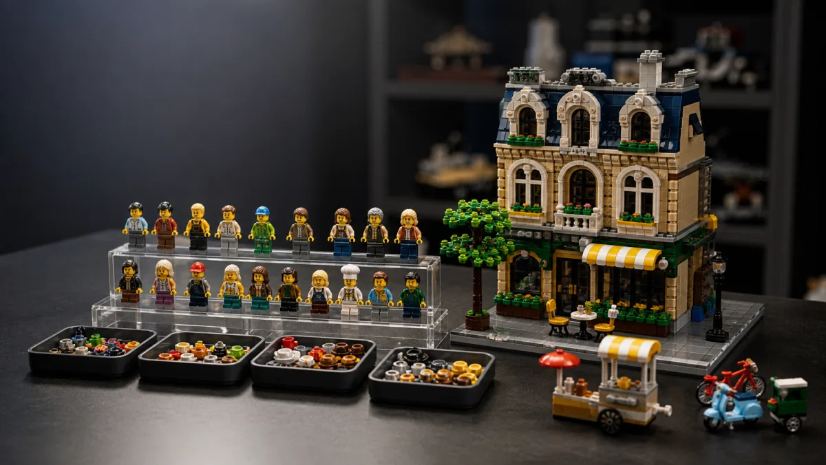 Rows of LEGO minifigures on display risers with set backdrops, accessory trays, coloured counters and stock bars