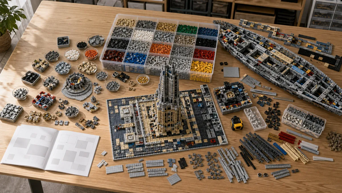 Monumental LEGO display with tall tower, ocean liner, arena, castle section, sorting trays and large loose-brick fields