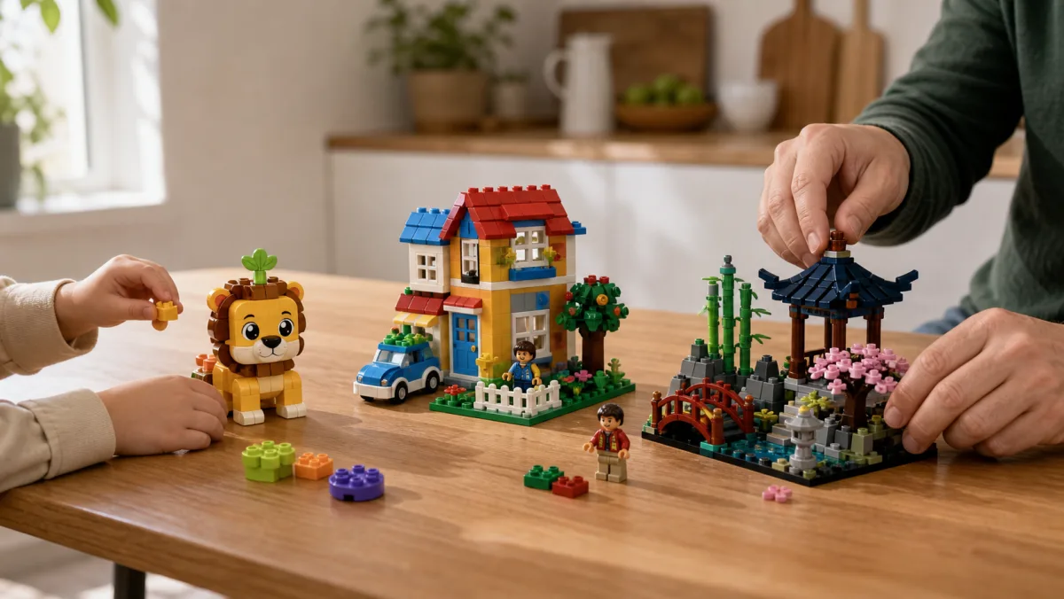 Real LEGO product images for toddlers, kids, teens, and adult builders on a photorealistic play table