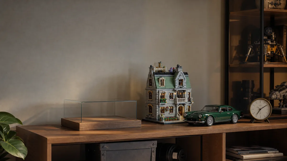 Brick-built retirement radar with castle, modular building, blue spacecraft, classic car, empty display case and stock lights
