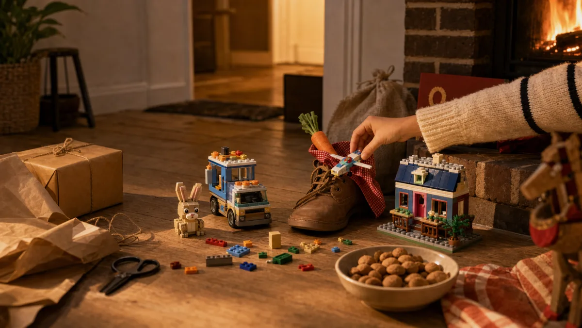 Gebaute LEGO Nikolaus-Geschenkszene mit Dampfschiff, Dach, weißem Pferd, Geschenksack, Sortiertabletts und Vorratsriegeln auf einem grünen Schreibtisch