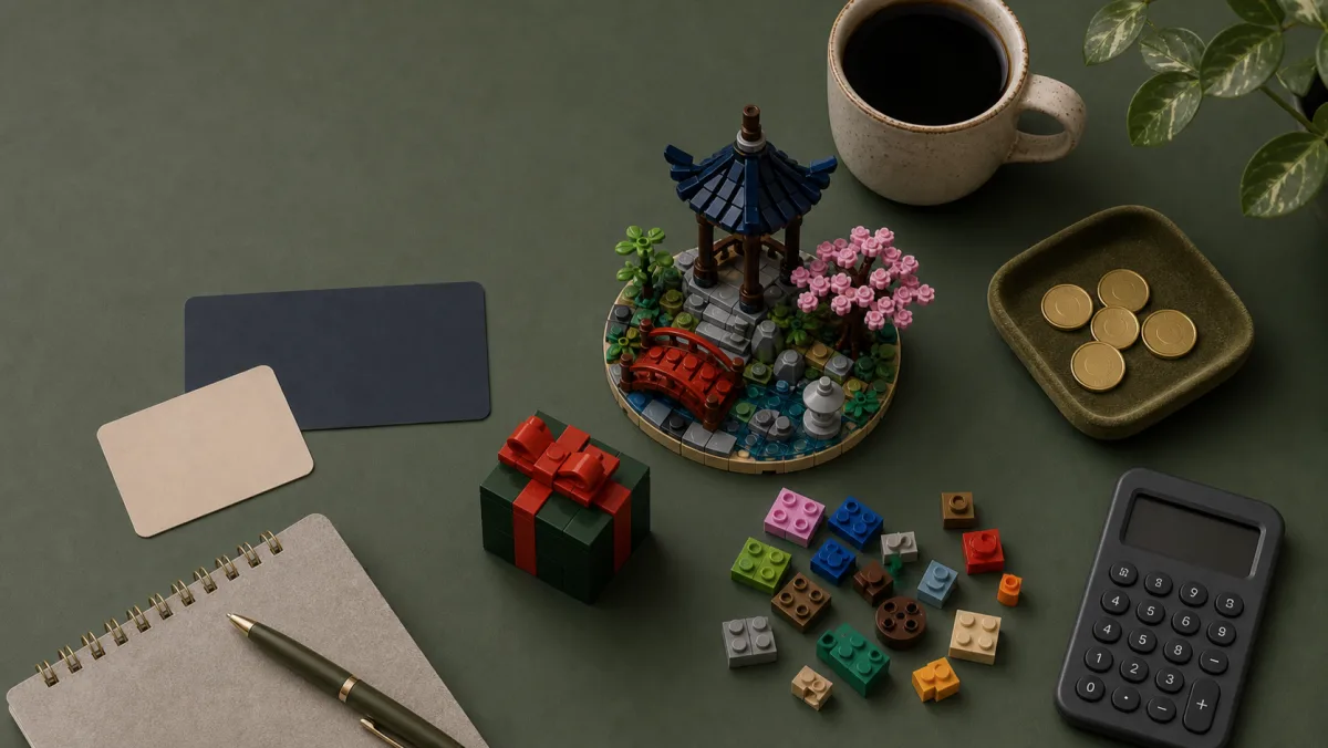 LEGO Insider points as a brick-built rewards scene with coin stacks, gift model, treasure chest, sorting trays and stock bars