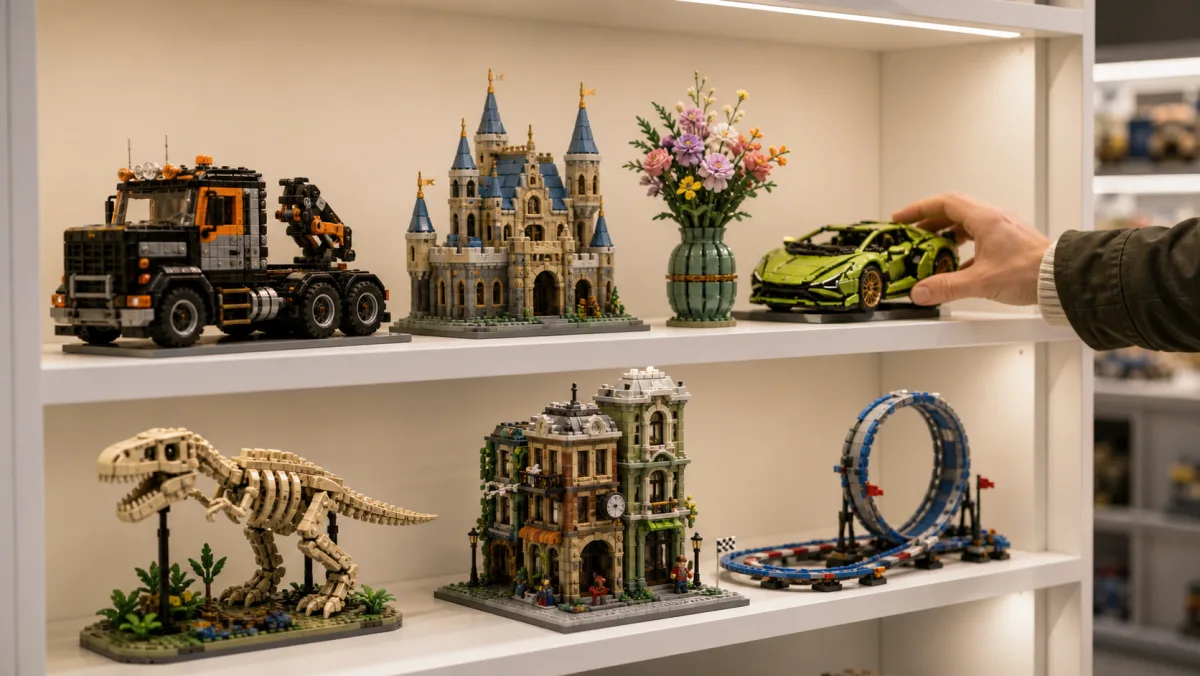 Karte von Deutschland aus LEGO Steinen mit Store-Markierungen, Einkaufsstraße, Lieferwagen, Wegweisern, Sortierfächern und Pick-&-Build-Bechern