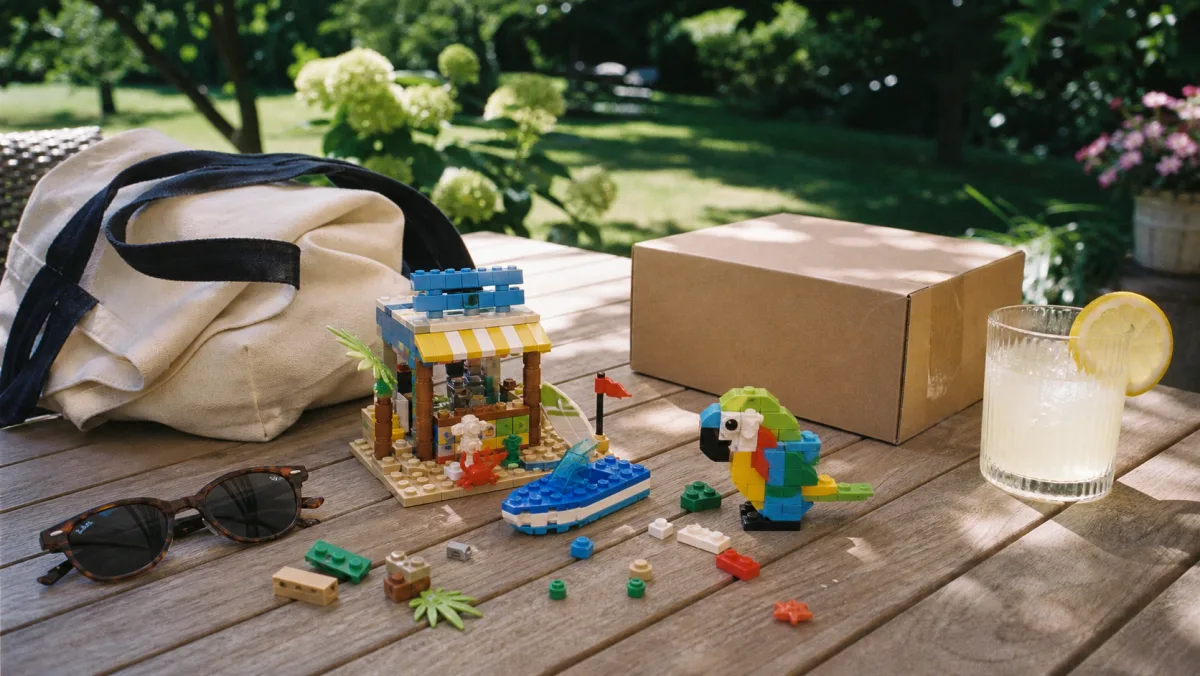 Gebaute LEGO-Sommermodelle mit Strandszene, Wohnmobil, Boot, Sortiertabletts und farbigen Vorratsstangen auf einem grünen Schreibtisch
