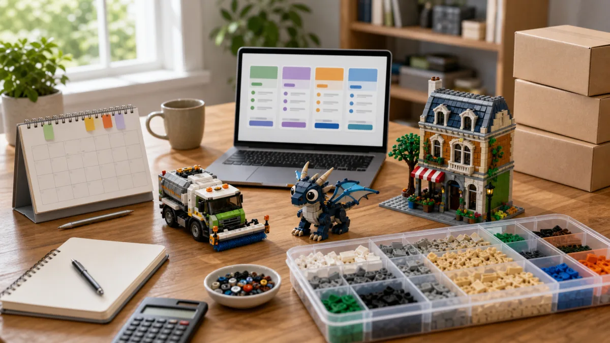 Gebaute LEGO August-Veröffentlichungsszene mit Fahrgeschäft, Mech, Boot, botanischer Ausstellung, Sortiertabletts und Vorratsriegeln