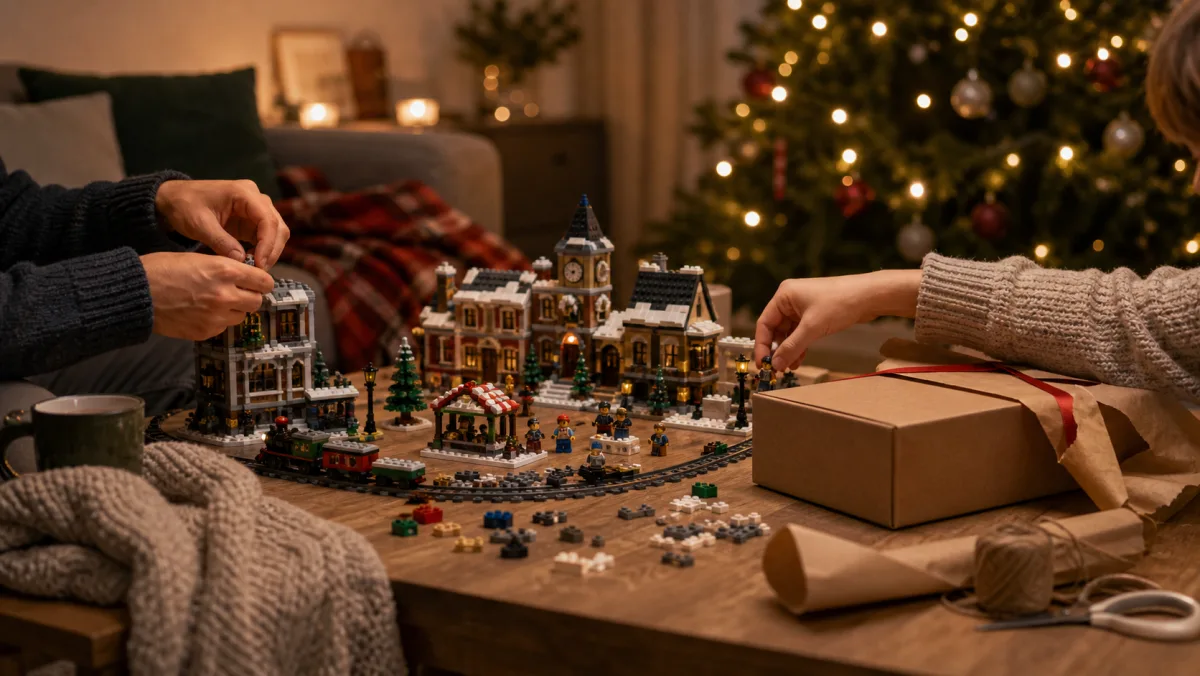 Gebaute LEGO-Dezemberszene mit Feiertagszug, Winterstand, Schneehütte, Geschenkmodellen, Sortiertabletts und Vorratsstangen