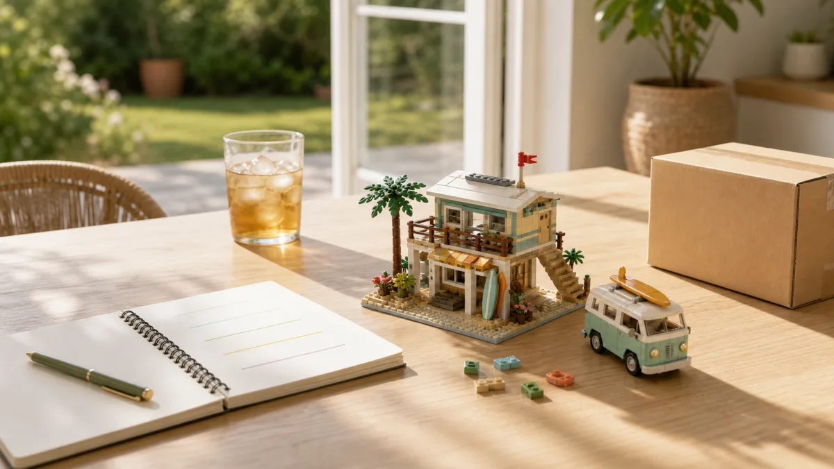 Gebaute LEGO Juli-Veröffentlichungsszene mit Stadtstraße, Zug, Drache, Blumenständer, Sortiertabletts und Vorratsstangen auf einem grünen Schreibtisch