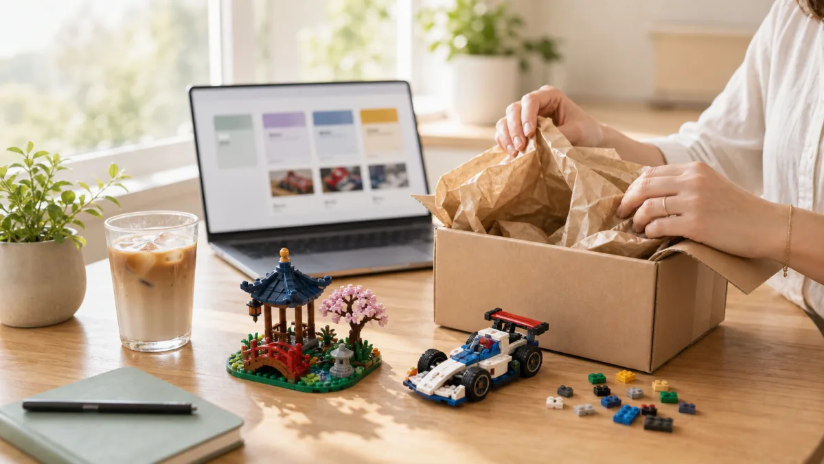 Gebaute Sommer-LEGO-Modelle mit Rettungsboot, Hubschrauber, Achterbahn, Sortiertabletts und Vorratsstangen auf einem grünen Schreibtisch