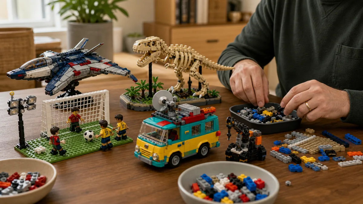 Textfreier Ausgabetisch mit mehreren gebauten LEGO-Modellen, Sortiertabletts und farbigen Vorratsstangen auf einer grünen BricksDeal-Tischplatte