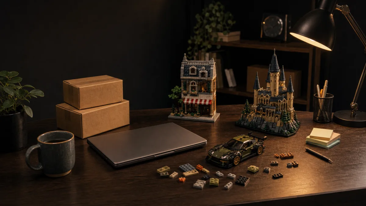 Built LEGO November scene with winter train, modular building, sci-fi ship, castle gate, sorting trays and stock bars