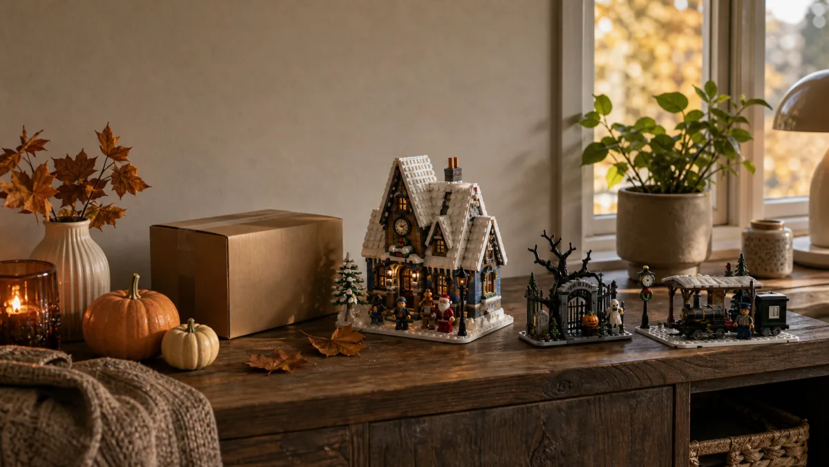 Gebaute LEGO Oktober-Veröffentlichungsszene mit Spukhaus, Kürbissen, Raumschiff, Winterhütte, Sortiertabletts und Brühriegeln