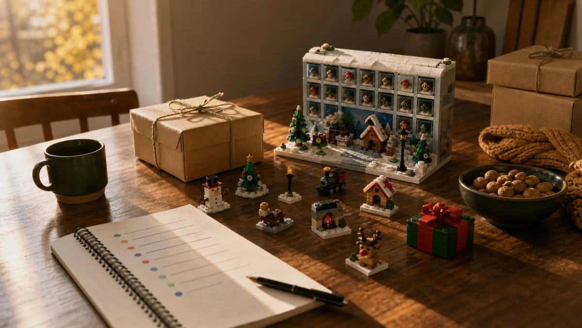 Gebaute LEGO September-Veröffentlichungsszene mit Herbsthaus, Zug, Tempel, Fantasiefigur, Sortiertabletts und Vorratsstangen