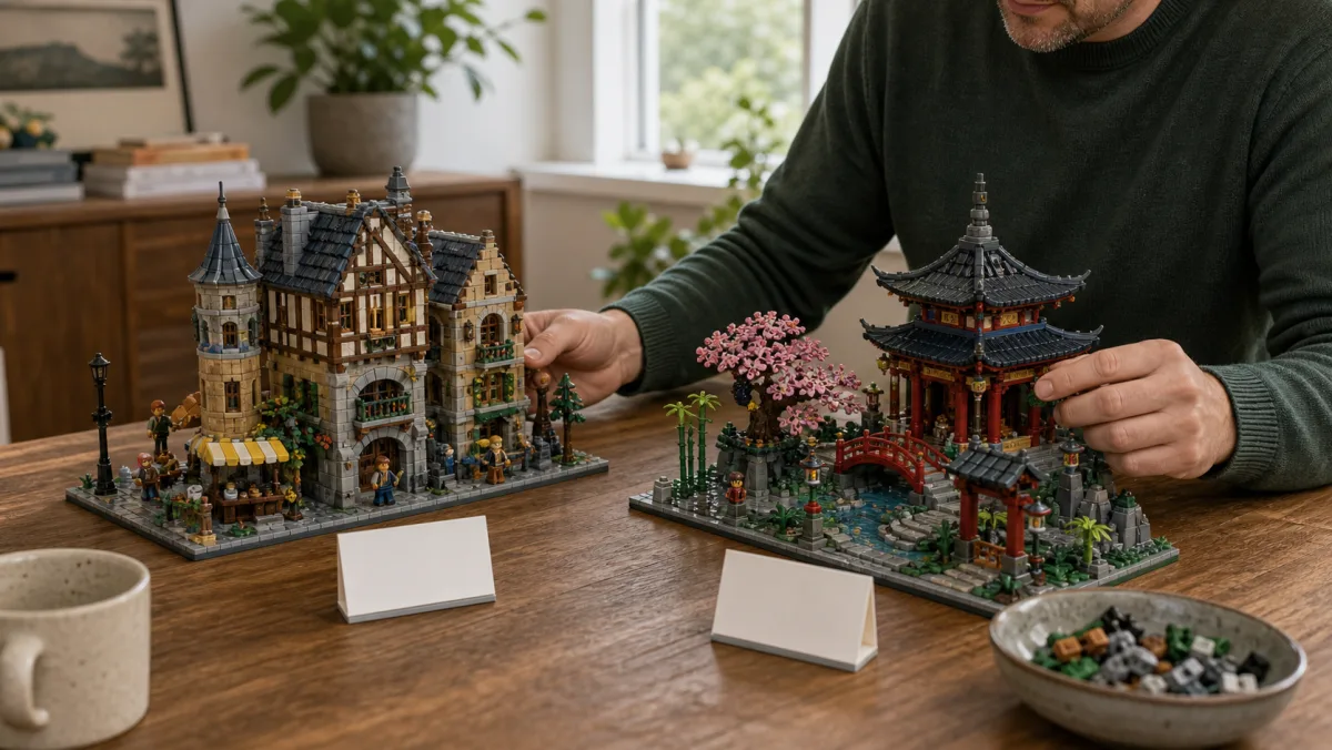 Balkendiagramm aus Ziegelsteinen mit LEGO-Modellen, Lupe, Sortierfächern und Lagerbestandsbalken für Preisbewegungen bei deutschen Händlern
