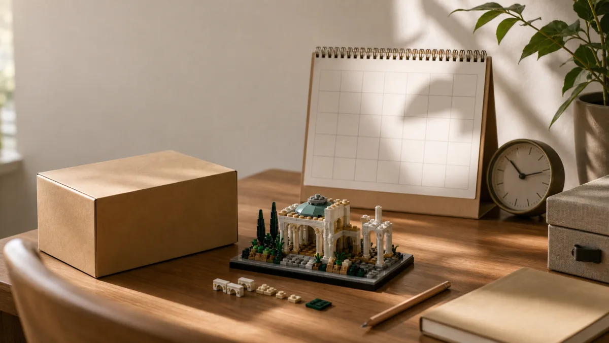 Real LEGO display sets on a photorealistic decision desk for retirement signals